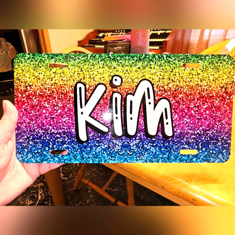 "Kim" Rainbow Glitter Personalized License Plate 🌈